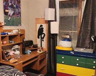 Desk, lamp, painted chest