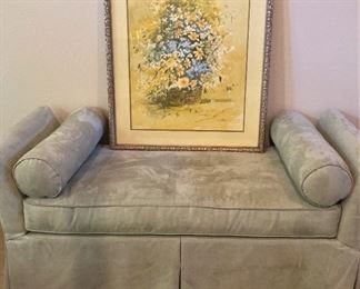 Pale green bed bench; framed and matted art