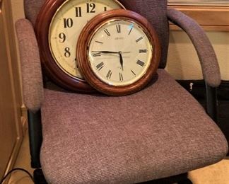 Office chair and clocks