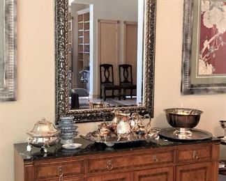 Marble top buffet; large mirror; silverplate tea service