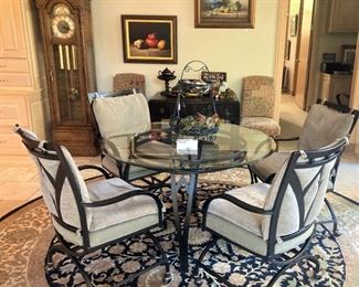 Glass top breakfast table & 4 chairs; 10 foot round rug