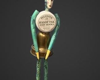 Artist Signed Mixed Media Figurine With Pflueger HandePak Fish Hooks Tin