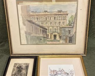 Three City ScenesWatercolor, Etching  Print