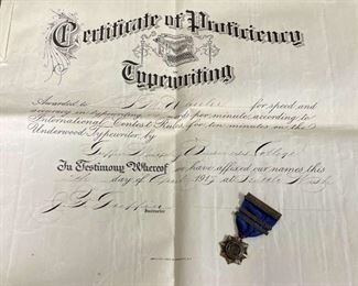 Underwood Typing certificate and medal