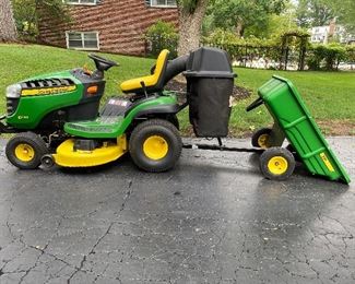 JOHN DEERE MOWER TRACTOR WITH PULL TRAILER, MULCHER
