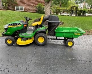 JOHN DEERE MOWER TRACTOR WITH PULL TRAILER, MULCHER