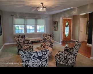 Comfortable chairs with fun print upholstery, charcoal grey w/oatmeal design