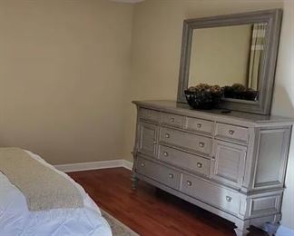 Large grey dresser with mirror, matches 3-drawer nightstand shown in separate picture