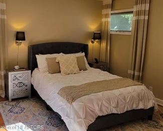 Queen size upholstered bed (bluish grey) includes mattress