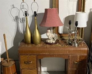 Old vanity, butter churn, mid-century brushed brass lamps, old wood frame, other lamps