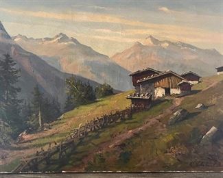 Very large German oil…1924 by listed artist Adolf Schlueter, born 1890 in Neuss. Alpine hut probably in front of the WildeKaiser mountains