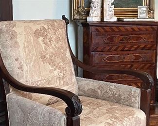 Amazing English mahogany arm chair with vintage French tapestry