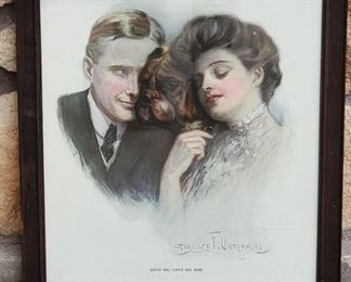 Charming 1907 Underwood Print Love Me Love My Dog. By the well known "Gibson Girl" era illustrator, Charles Underwood. Published in 1907 by Frederick A. Stokes Company of New York. We also have three matching prints in this auction: Lot 160 entitled "Love Me Love My Cat", Lot 281 entitled "Love Me Love My Horse", and Lot 220 entitled "Love Me Love My Donkey". 15" x 14" in a 17" x 16" period frame.