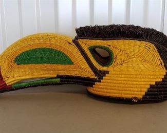 Wounann Rain Forest Panama Indian Toucan Mask. Very collectible hand woven mask by the De Gaiza family of Puerto Indio, Panama, of the Darien Wilderness rain forest.  The mask measures 19" long and 8" wide.
