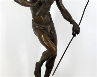 Antique Bronze Sculpture by Charles Arthur (Baron) Bourgeois (1838-1886). The original bronze, entitled Le Charmeur de Serpent (The Snake Charmer) was cast in 1864 for Emperor Napoleon III. It was life size and stands in the Jardin Des Plantes in Paris. It was so popular that many smaller reductions were cast in the mid to late 1800s to meet public demand. This sculpture is a 12 1/2" tall reduction. Signed on the base Arthur Bourgeois Sculpt.