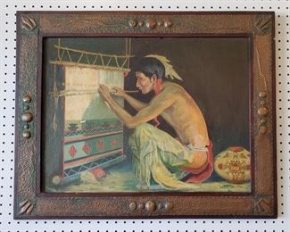Very interesting Arts & Crafts Period (circa 1910) oil painting on artist's board of a Southwestern Indian weaving at a loom with a Pueblo pot nearby. In a wonderful Arts & Crafts oak frame with hand hammered and verdigrised copper onlays. 18" x 24" in the 23 1/2" x 29 1/2" frame.