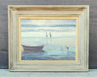 Plein air oil painting on canvas of a beach scene of two bathers, a child with toy boat , and a rowboat.  It was painted by listed artist John Smith, born 1926, who painted beach scenes of the Florida and North Carolina coasts. It was found with the other painting by the artist in this auction, Lot 325, which is identified en verso as Kill Devil Hills on the Outer Banks of North Carolina.  This painting may be from the same area. It is signed John Smith 2-14-67. 12" x 16" in its original 18" x 22" driftwood grey frame. 