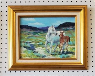 Very nice oil painting on canvas of a horse and foal by Hudson, Wyoming artist Jerry Antolik. 9" x 12" in a 13 1/2" x 16 1/2" frame.