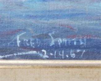 Plein air oil painting on canvas of a beach scene of two bathers, a child with toy boat , and a rowboat.  It was painted by listed artist John Smith, born 1926, who painted beach scenes of the Florida and North Carolina coasts. It was found with the other painting by the artist in this auction, Lot 325, which is identified en verso as Kill Devil Hills on the Outer Banks of North Carolina.  This painting may be from the same area. It is signed John Smith 2-14-67. 12" x 16" in its original 18" x 22" driftwood grey frame. 