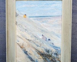1968 Plein air oil painting on masonite of a Kill Devil Hills beach scene in the Outer Banks of North Carolina with people sitting in the dunes at the beach. Kill Devil Hills is a beach on the Outer Banks of North Carolina near Kitty Hawk. It was painted by listed American artist John Smith, born 1926, who painted beach scenes of the Florida and North Carolina coasts. It is signed John Smith 3-17-68. 15 3/4" x 12" in its original 19 3/4" x 15 3/4" driftwood grey frame. Lot  299 is another seacape painting by the artist.