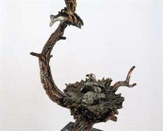 1992 limited edition mixed media metal sculpture of an eagle on a branch above eaglets in the nest, #518/2500, entitled "Sunday Brunch", by Kitty Cantrell (California), issued in 1992 by Legends, 12" tall on a 3" marble cube base.