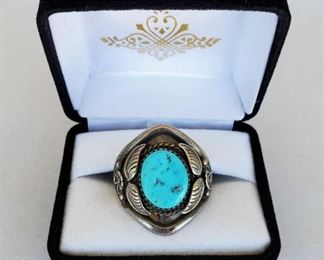 Vintage Size 12 turquoise and silver ring by Lawrence Baca of Santa Fe, New Mexico. Stamped with his mark: B. Sterling.