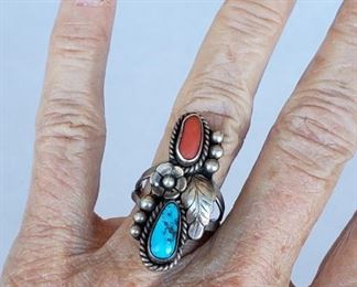 Navajo Silver Turquoise Coral Ring Signed RBP Size 8