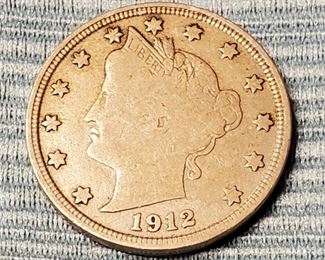 RARE 1912-S US Liberty Head 5 Cent Piece Coin. Also silver dollars & other early 19th century US coins, store tokens, and Civil War tokens