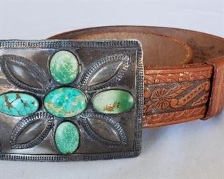 Antique Navajo silver and turquoise belt buckle with belt.