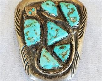 Navajo turquoise and silver bolo tie with snake, unsigned but probably Effie Calavaza