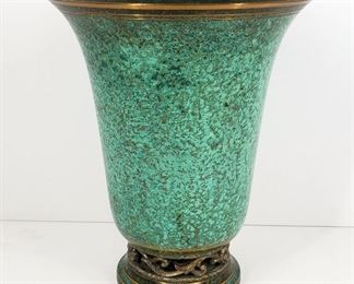 Carl Sorensen Patinated Brass Deco Trumpet Vase. 8 1/2" tall and 6 7/8" in diameter at the rim. Carl Sorensen worked during the early 20th century in the Arts & Crafts and Art Deco styles. He worked for both The Roycrofters and Tiffany, making patinated bronze pieces in the Arts & Crafts tradition. Signed on the bottom.