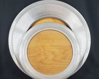 TWO RARE Russel Wright Spun Aluminum Round Trays. 16 1/2" and 12 1/2" diameter. Mid century cheese and cracker boards with birch wood surrounded by a spun aluminum rim. 