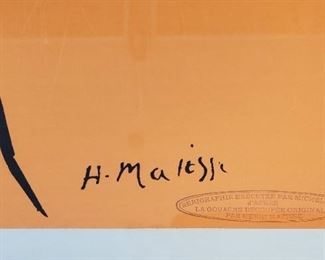 Limited edition serigraph #173/975, by Michel Caza, after the original gouache painting entitled "Danseuse Acrobatique" by Henri Matisse. Matisse's gouache on paper cutout collages were done 1946-47. Caza's series of color screenprints, based on those originals, were printed in 1973 and published in 1978. 18 1/2" x 14 1/2" image size, framed in a 25 3/4" x 21 3/4" frame. 