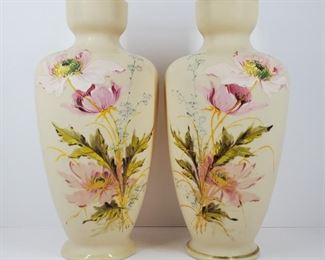Antique Pair 13" Hand Painted Bohemian Glass Vases