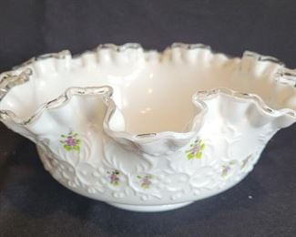 Fenton Violets in the Snow on Spanish Lace