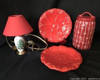 Red and White Candy Jar Lamp Poinsettia Dishes