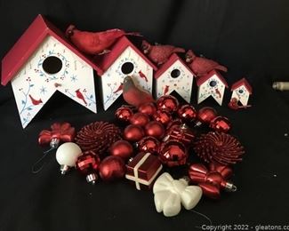 Stackable Bird Houses Red Birds and Red Ornaments