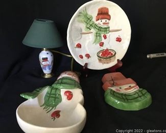 Vintage Hallmark Snowman Cookie Plate Nut Dish Lamp