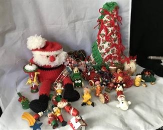 Vintage Wooden Tree Ornaments and Crocheted Santa Candy Can