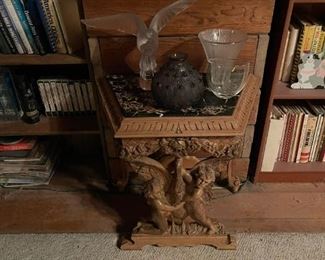 Hand Carved Cherub Scene Stand with Marble Top