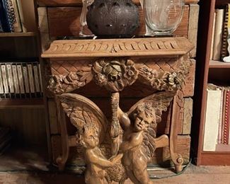 Hand Carved Cherub Scene Stand with Marble Top