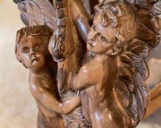 Hand Carved Cherub Scene Stand with Marble Top