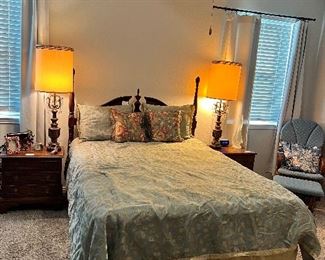 Queen bed frame, 2 nightstands and a matching tall boy dresser 