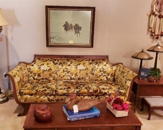 Mahogany floral 3 cushion sofa, SOLD
Heritage coffee table, Hunter Fan lamps, marble base floor lamp SOLD