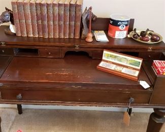 Antique Piano Desk, books, pipes