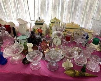 Cookie jars, vases, clock, hurricane lamps