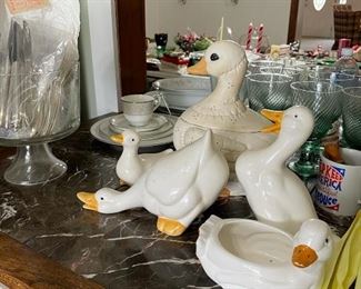 Duck decor, glasses, serving dishes