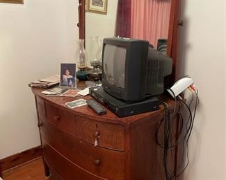 Antique dresser with mirror, TV, DVD player