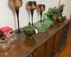 Non working stereo console - furniture in good condition, green depression glass