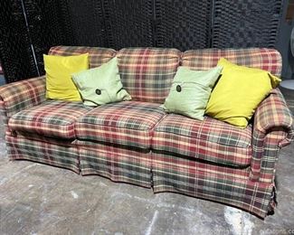 3 Person Plaid Upholstered Rolled Arm Sofa with Toss Pillows
